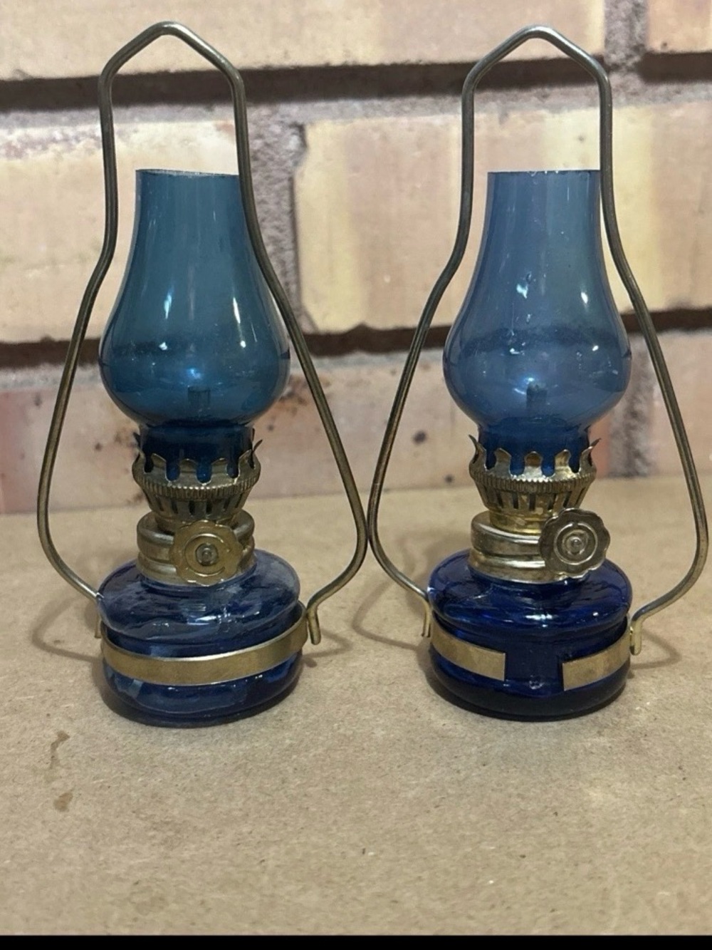 Pair Of Vintage Mini Blue Glass Hurricane Oil Lamp 5”